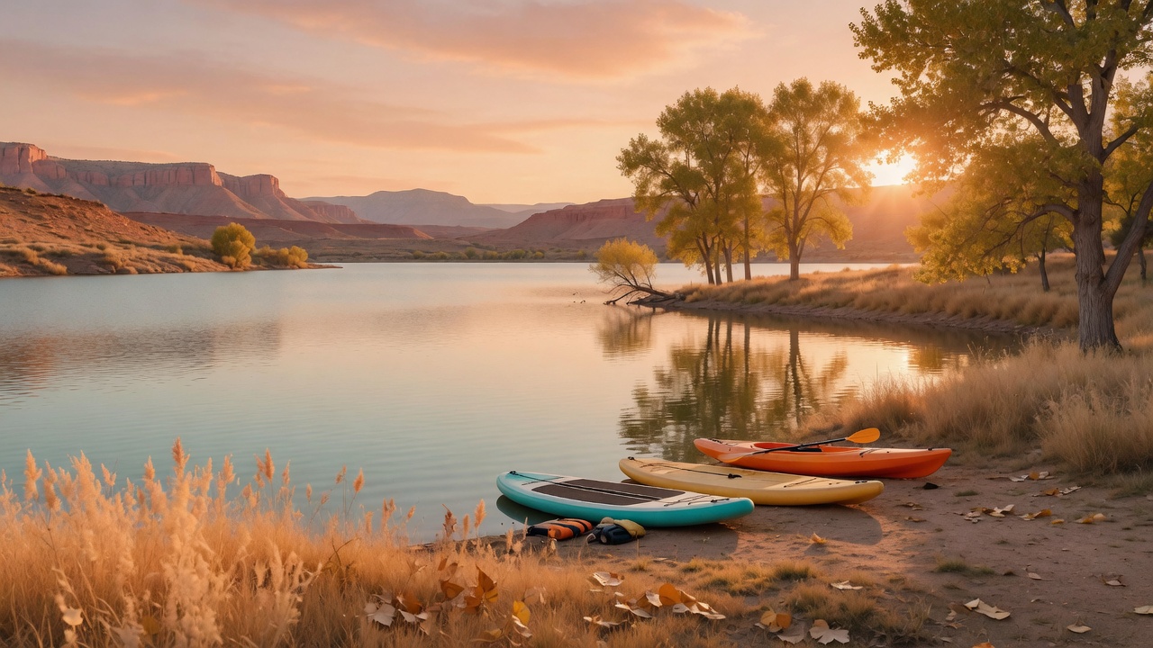 Lake shore with kayaks at sunset